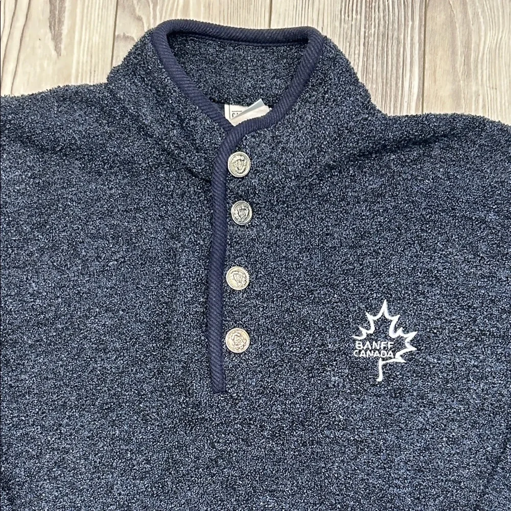 Vintage City Scape Men’s Dark Blue Button-Up Crewneck Fleece Pockets Size Large